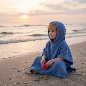 badponcho silk blue met geborduurde naam