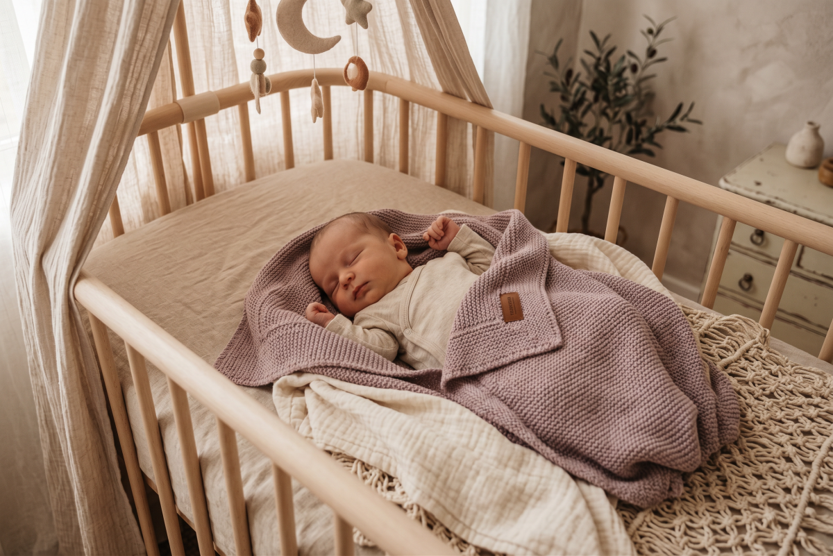 Gebreide babydeken 100% Biologisch Katoen lavender met geborduurde naam